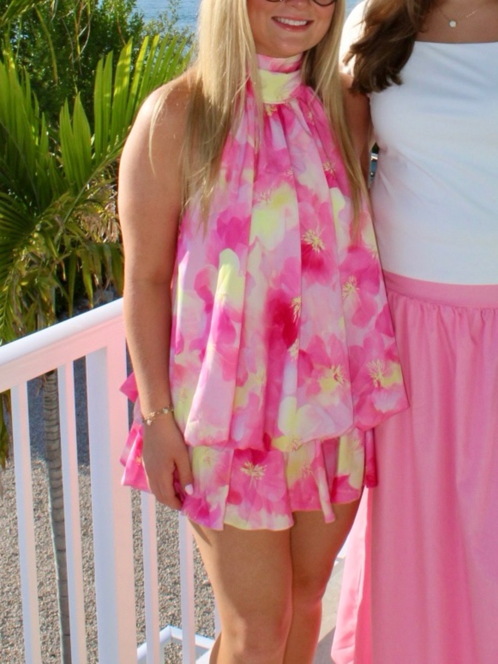 PINK AND YELLOW FLORAL ROMPER HALTER NECK